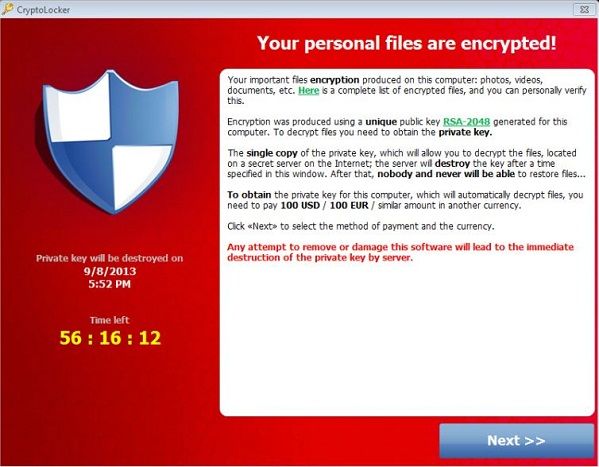 Screenshot of a cryptolocker: note that the ransom is to be paid in dollars.