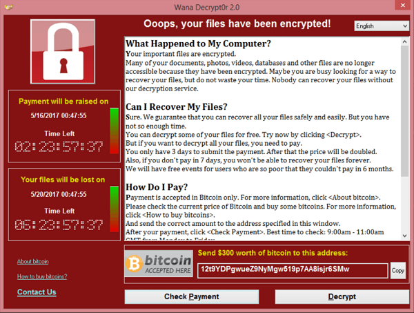Screenshot of the Wannacry cryptolocker